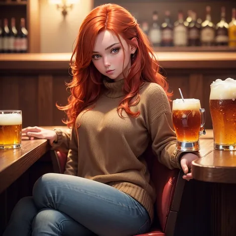 (((full medium shot))), (Masterpiece, best quality, ultra-detailed:1.3), (nice hands, perfect hands), official art, (1girl:1.3), adult, ginger woman with red hair in luxurious nightclub, sitting at the bar holding a beer, wearing a sweater and jeans