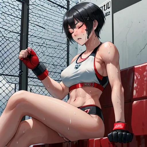 Beautiful female high school mixed martial artist covered in blood。After losing a match、Sitting in the waiting room、Are crying。loss of confidence。one eye closed。Fighting inside the Octagon。I&#39;m soaked in sweat。open finger gloves。sports bra。bikini。erect ...