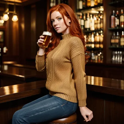 (((full medium shot))), (Masterpiece, best quality, ultra-detailed:1.3), (nice hands, perfect hands), official art, (1girl:1.3), adult, ginger woman with red hair in luxurious nightclub, sitting at the bar holding a beer, wearing a sweater and jeans