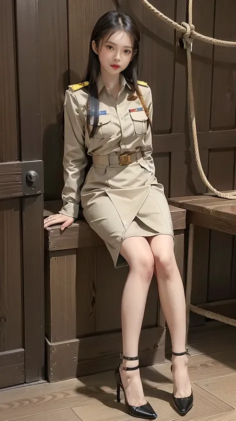 Thai teacher uniform, Woman bound tightly with rope, Khaki suit, high-heels, Plump breasts, (stand), Dynamic posts, khaki civil servant, Beautiful girl with extra long hair, like full body, Khaki short-sleeved shirt, short khaki pencil skirt., Decorated wi...