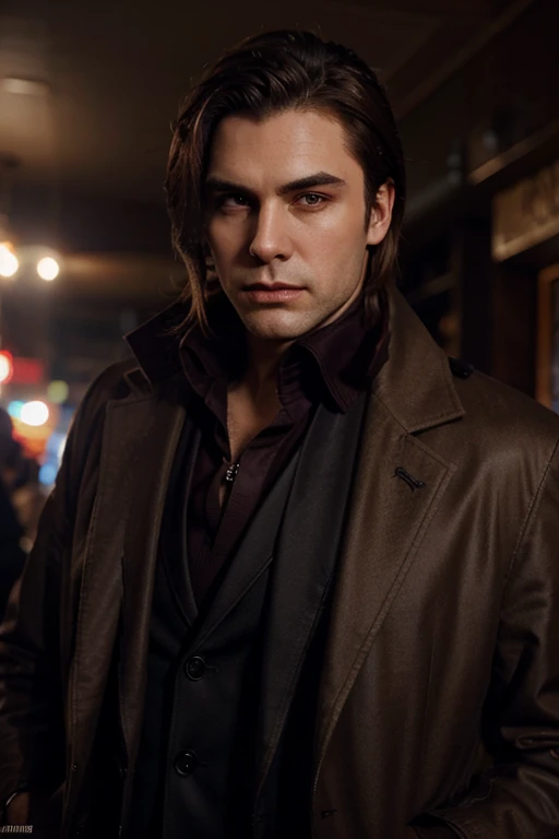 create a  male vampire with brown hair that owns a night club he uses a overcoat