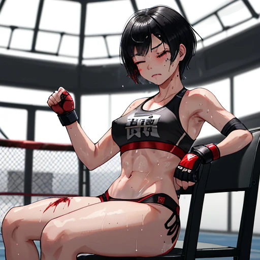 Beautiful female high school mixed martial artist covered in blood。After losing a match、Sitting in the waiting room、Im in tears of regret。Losing confidence、looking down。one eye closed。Fighting inside the Octagon。I&#39;m soaked in sweat。open finger gloves。s...