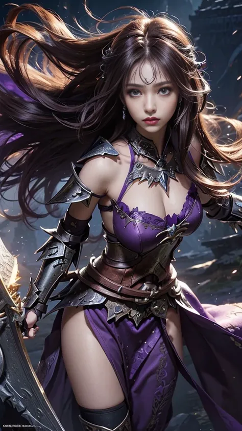 model shoot, (1 girl), long hair, (fantasy warrior:1.5), purple outfit, laces, shining:1.5, hyper realistic, super detailed, Dynamic shot, masterpiece, scene sharp détails, perfect eyes, perfect skin, perfect hands, attractive poses,