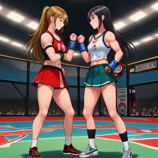 Two beautiful high school girls mixed martial artists with muscular bodies、They are exchanging kicks.。