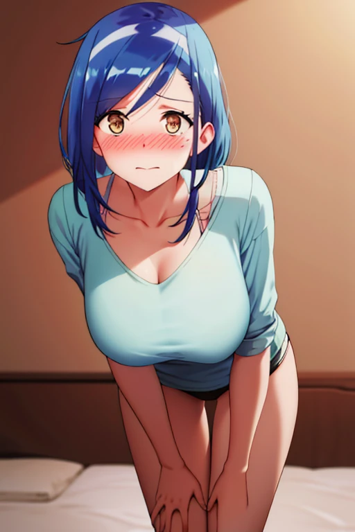 hight resolution, breast focus, cowboy shot, looking at viewer, bedroom, curve, blue hair, middle hair, embarrassed,blush,medium...