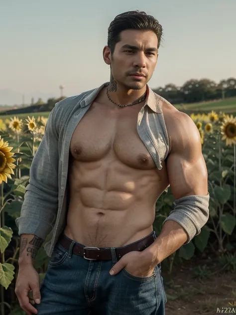 30 years, ojos grandes, hombre chino, rastrojo, pulgada blanca, huge muscles, exaggerated muscles, hombre maduro, muscle swelling, culturismo, Musculos pectorales, abdominales, en un campo de flores de girasol, Muchos girasoles, chaqueta y chaleco, vaquero...