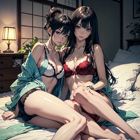 Japanese-style house, on the futon, A dark-haired Japanese woman sitting with a woman wearing red underwear, Japanese woman in underwear, Two Japanese women looking at each other, random pose,18-year-old,realistic young gravure idol, Young beautiful gravur...