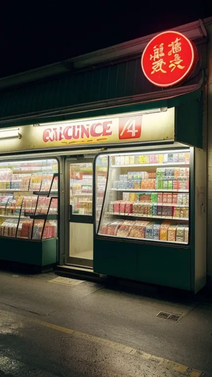 midnight convenience store, glowing neon signs, flickering fluorescent lights, bustling customers, late-night snacks, shelves stocked with snacks and drinks, rows of colorful candy, steaming cups of instant noodles, gleaming aisles, alluring aroma of fresh...