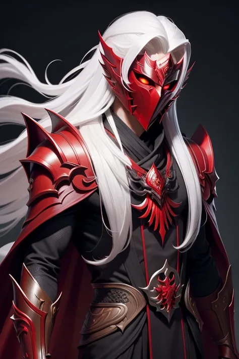 masterpiece, best quality, 1 elegant man, white hair, long hair, skinny, scary, Indonesian, red magic robes, flowing robes, black accents on robes, red mask, handsome mask, human face mask, all red colored mask, face fully covered by mask, simple backgroun...