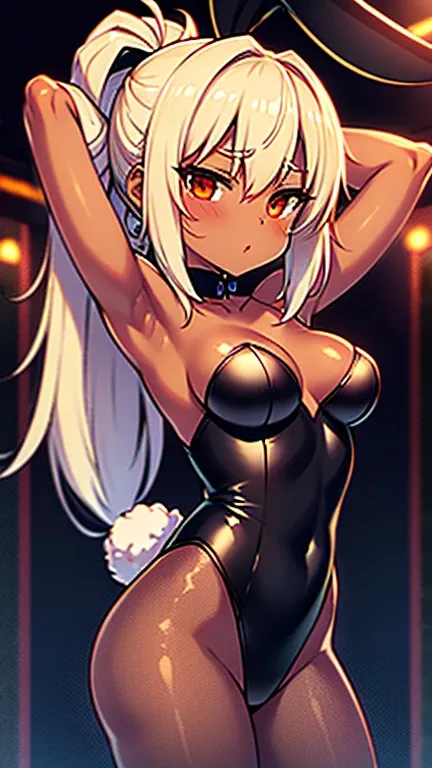 brown skin、adult woman、hands tied behind head、bunny girl costume、Blonde long ponytail、pantyhose、red light district