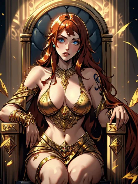 High quality, masterpiece, 8k, 1 girl, Nami from one poece, orange hair, blue eyes, long hair, tattoo on her one arm, perfect body, beautiful face , sitting on the golden throne, in the broken golden palace, dark color