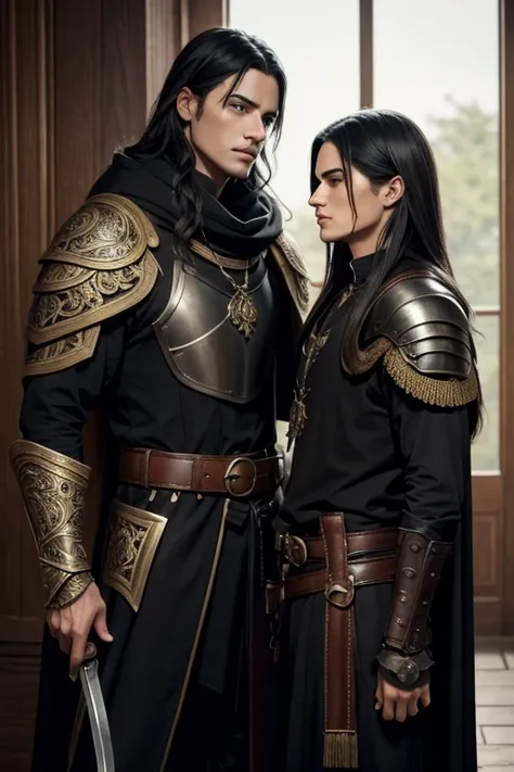 Male human, caucasian, slim, toned, long black hair, hazel-green eyes. Wearing ornate black plate armor. A pair of scimitars hang from his belt in ornate sheathes. A furred cloak hangs over his shoulders.