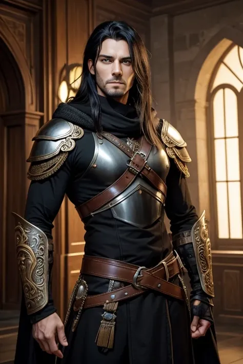 Male human, caucasian, slim, toned, long black hair, hazel-green eyes. Wearing ornate black plate armor. A pair of scimitars hang from his belt in ornate sheathes. A furred cloak hangs over his shoulders.