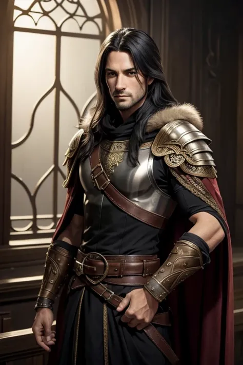 Male human, caucasian, slim, toned, long black hair, hazel-green eyes. Wearing ornate black plate armor. A pair of scimitars hang from his belt in ornate sheathes. A furred cloak hangs over his shoulders.