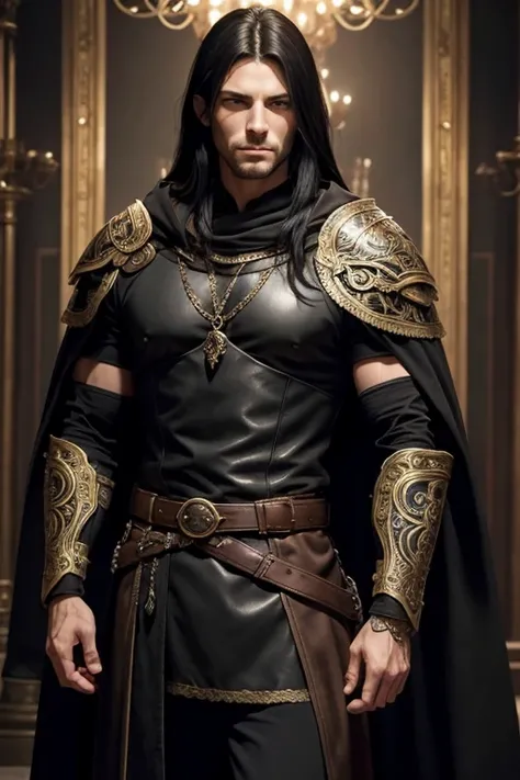 Male human, caucasian, slim, toned, long black hair, hazel-green eyes. Wearing ornate black full-plate armor. A pair of scimitars hang from his belt in ornate sheathes. A furred cloak hangs over his shoulders.