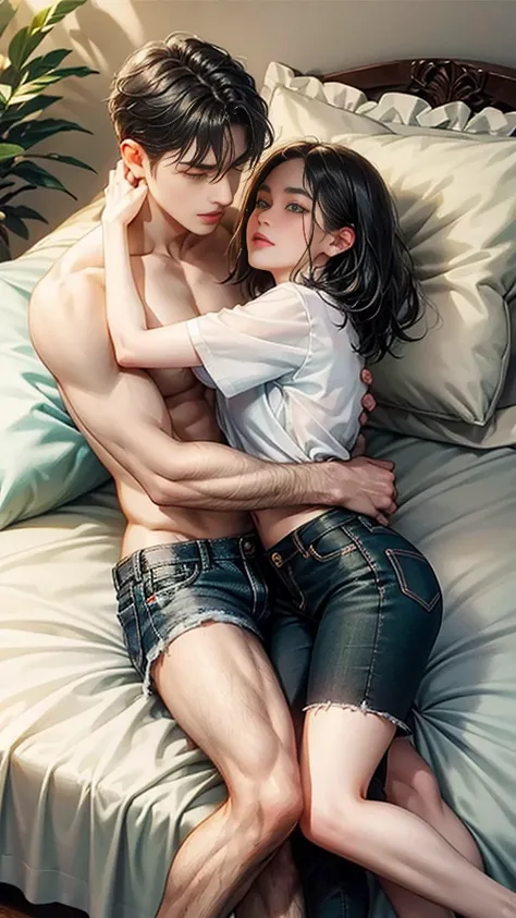 pair, 1 girl 1 boy, Different hair colors, Long, wavy, black hair, No bangs and gray eyes., maximum, shorts, short black hair and (green eyes) , He has no shirt., jeans, They are lying on the bed.. hug, love, Face to face, They looked into each other&#39;s...