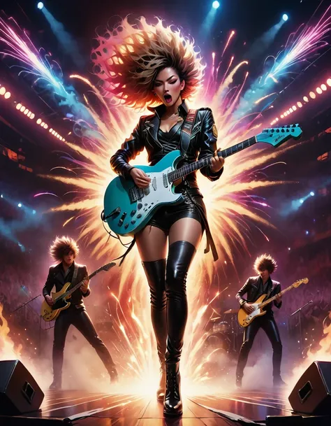 (best quality,4K,8K,high resolution,masterpiece:1.2),Super detailed,(actual,photoactual,photo-actual:1.37),rock star,singer,Guitar,Uniform,Black,tight,golden accents,spacewalk,hysterical singing,Stage lighting,rebellious,glitch art,bright colors,Energetic ...