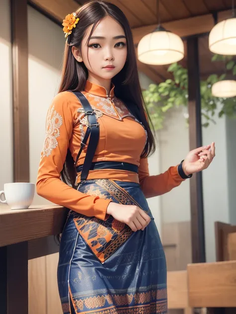 masterpiece, best quality, ultra detailed, high resolution, 1 girl, Burmese girl, playing acoustic guitar, coffee shop background, dynamic pose, back light, 8k, highly detailed, intricately detailed, (acmm ls outfit, wearing acmm top, orange acmm top, long...