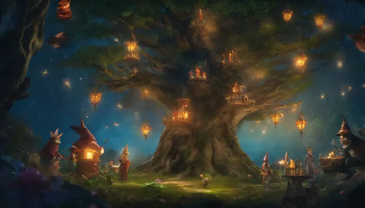 In the mysterious forest at midnight、One big tree、Many strange little animals dressed in wizard clothes are standing on two legs and looking up at a big tree。very cute、fantasy、assembly、award-winning, table top, highest quality, High resolution, photographっ...