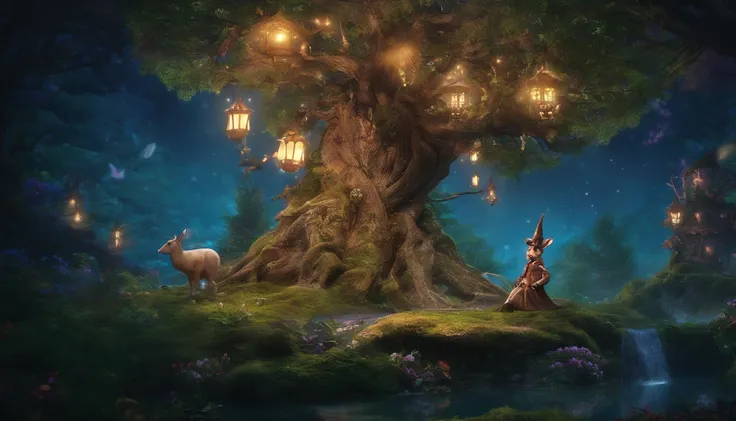 In the mysterious forest at midnight、One big tree、Many strange little animals dressed in wizard clothes are standing on two legs and looking up at a big tree。very cute、fantasy、assembly、award-winning, table top, highest quality, High resolution, photographっ...