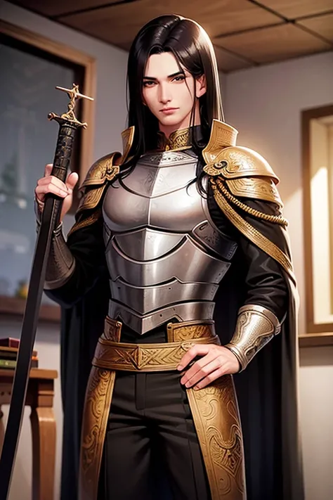 Male human, caucasian, slim, toned, long black hair, hazel-green eyes. Wearing ornate, black, steel full-plate armor. A pair of scimitars hang from his belt in ornate sheathes. A furred cloak hangs over his shoulders.