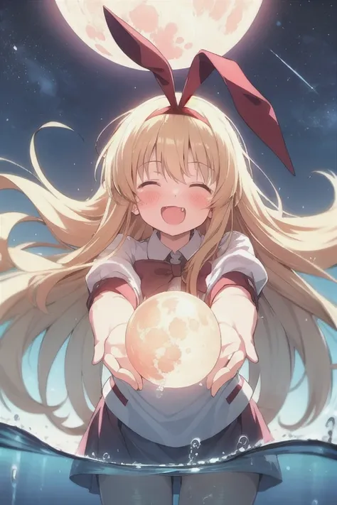 masterpiece, best quality,  A girl a glowing moon in her hands, solo, fang, long hair, blonde hair, water, closed eyes, animal ears, rabbit ears, blush, night, smile, open mouth, sky, happy, bow, night sky, hairband, foreshortening, star (sky), ribbon, ver...