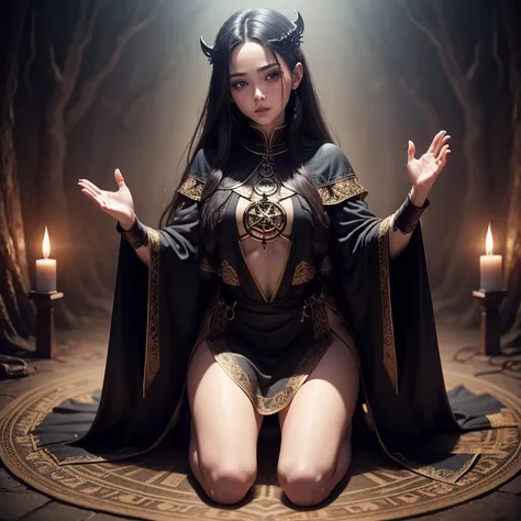 (((full medium shot))), (Masterpiece, best quality, ultra-detailed:1.3), (nice hands, perfect hands), official art, cinematic light, (1girl:1.3), adult, ((photorealistic)), fashion photography, dark makeup, as the priestess of a dark cult, kneeling in a da...