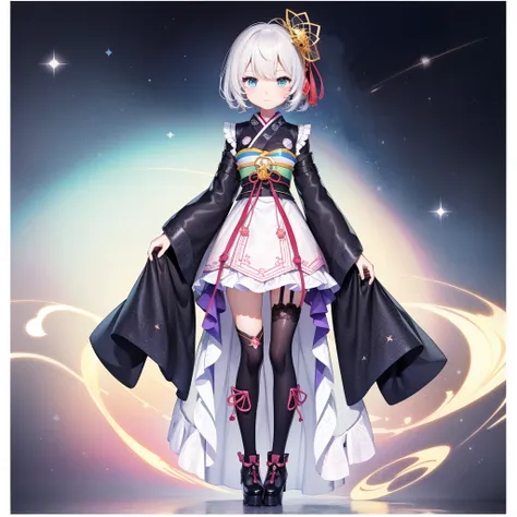 1girl、vtuber-fullbody、Star Fairy、masterpiece、official art、Super detailed、super beautiful、かわいいStar Fairy、white straight short hair、Milky Way、universe、star charm、star、baby face、Knee-high boots、Japanese pattern dress、A beautiful girl wearing black and white c...