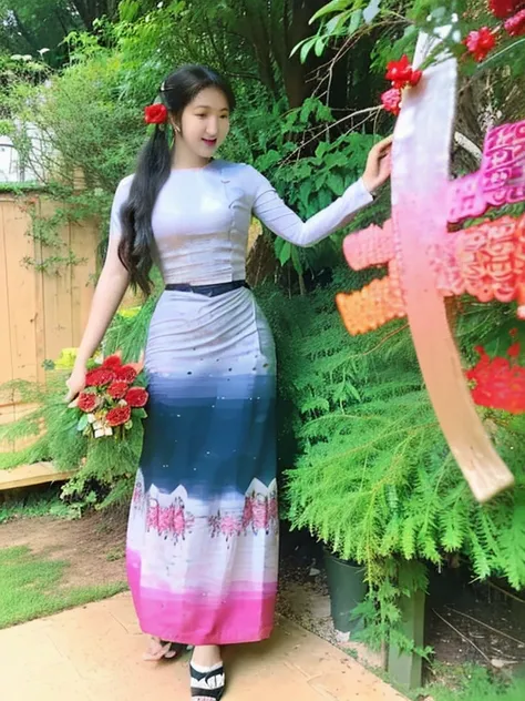 Full body, adult, 18 years old, young woman, very attractive body outline, high hips (colorful branches/flowers are beautifully painted on the dress), reflective dress woven with silk thread (all contricate work, very intricate HD HD.  16k(cartoon anime )