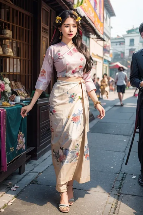 A graceful woman stands proudly in a traditional Myanmar outfit, symbolizing the rich heritage and cultural traditions of the country. She is adorned in a vibrant longyi, a traditional sarong-like garment, intricately woven with colorful patterns and motif...