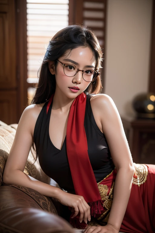 cinematic silhouette of an indonesian girl wearing glasses and sweating while lying in the living room behind which there is a c...