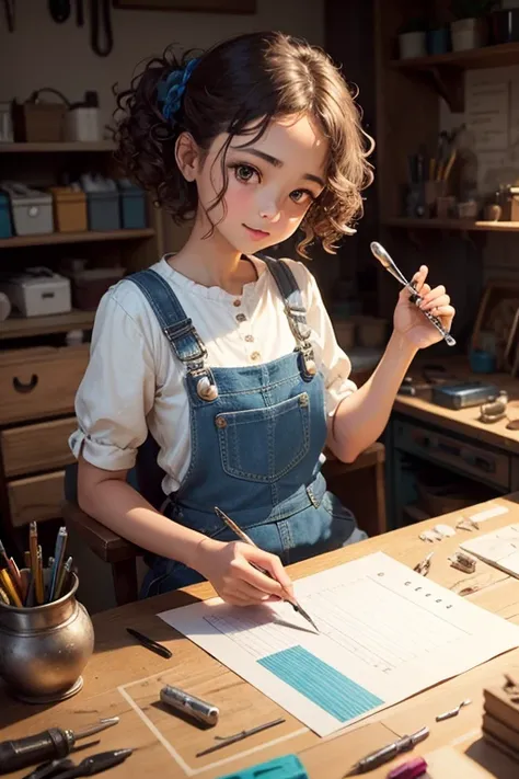 A girl in a workshop,artistic tools,meticulously detailed face,expressive eyes,precise lines on the nose,beautifully defined lips,curly hair,playful smile,creative genius,working on a mechanical invention,vintage machinery,sparkling wrench,glowing solderin...