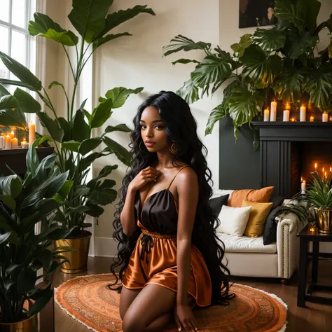 long wavy luxurious black hair, black woman, medium brown skin tone, satin orange romper, candles, room full of plants, living r...