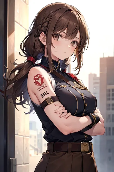 1 girl, brown hair, parted bangs, soldier uniform, military uniform, sleeveless, braided bangs, brown belt, tattoos on arms, scar on cheek, medium large breasts, dark brown eyes, sunglasses, arms crossed
