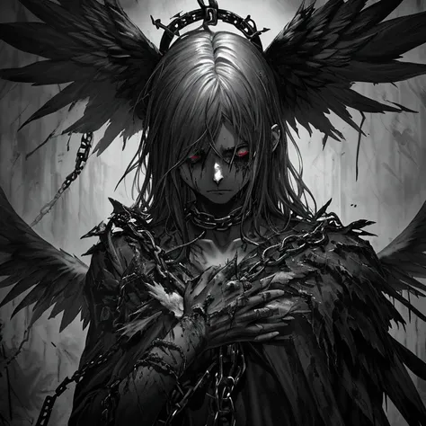 punished angel,illustration,fallen wings,broken halo,dark feathers,piercing eyes,teardrops,wounded in chains,bloodied hands,regretfull expression,surrounded by darkness,strong emotion,dramatic lighting,contrast,gritty details,highres,contrast lighting,dram...