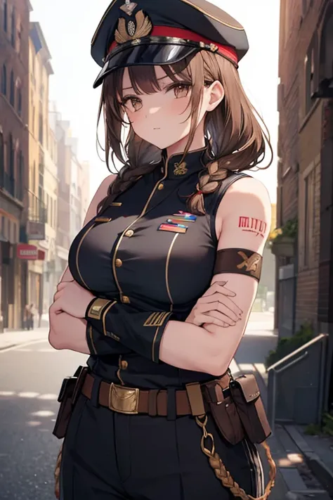 1 girl, brown hair, parted bangs, soldier uniform, military uniform, sleeveless, braided bangs, brown belt, tattoos on arms, scar on cheek, medium large breasts, dark brown eyes, sunglasses, arms crossed, hat military
