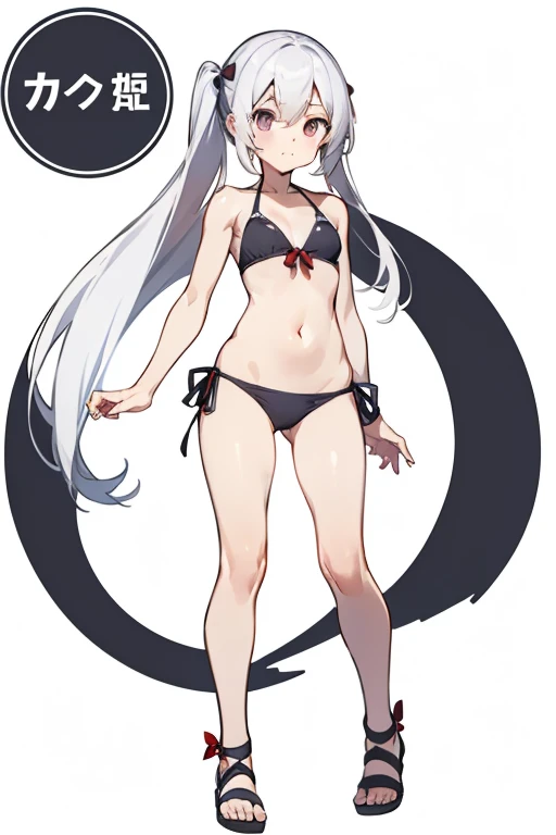 look at viewer,neutral posture,character chart,tachi-e,standing,full body,(white background,simple background:1.5),anime,1girl,solo,bikini,close foots