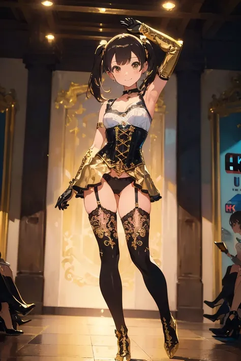 (masterpiece:1.8),(highest quality:1.8),(Super detailed:1.8),(8K:1.8),(Ultra-fine illustration:1.5),pretty girl,sisters,skinny,small ass,straight twin tails,flat chest,small breasts,(Shiny metallic gold,lace panties),,Gold Corset,choker,Gold Long Gloves,go...