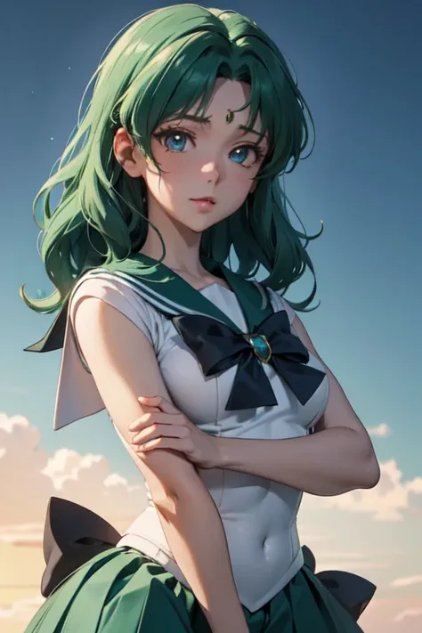 (sailor neptune, mature woman, small breasts, aqua eyes, dark green hair, medium hair)、1 girl, , Uhd, retina, masterpiece, Accurate, anatomically correct, rough skin, Super detailed, advanced details, high quality, Award history, 最high quality, High resolu...