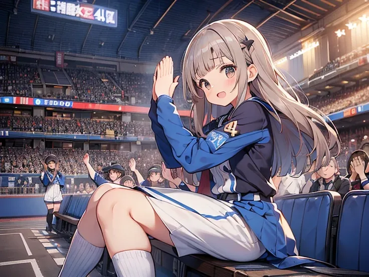 YOKOHAMA DeNA Baystars, 1 pretty girl, ((Blunt bangs)), brown hair, brown eyes, medium hair,  (buruma:1.5), buruma, brm, blue brm, ((silver-star-hairpin on her right bang)), ((blue stripe baseball uniform)), (Uniform no.44:1.5), Left Wing Seats at the base...