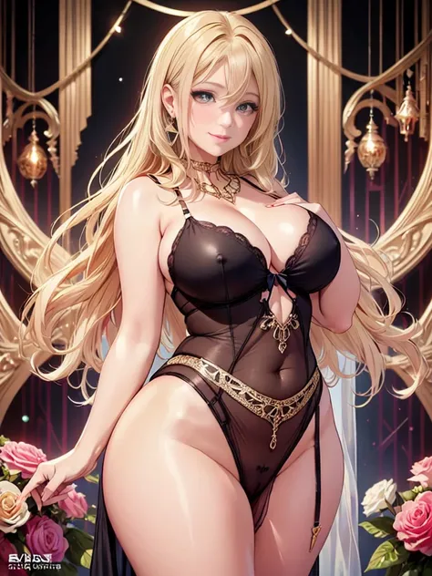 mature woman、sensual curves、bubble、お尻のmasterpiece, full body shot,nightgown and underwear, enchanting smile, thick lips, chubby lips, blush, looking at the viewer, provocative expression, beautiful hairstyle, cleavage, Plump、curvaceous hips、attractive face...