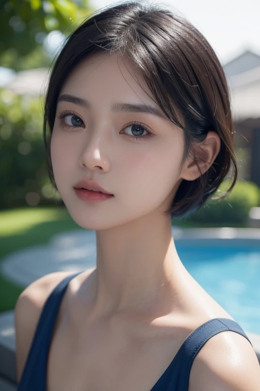 a pretty asian girl，short hair，round face，cute，White and blue dress，Perfect and exquisite facial features，Upper body close-up，protrait photo，Photosensitivity，Top special effects，8K