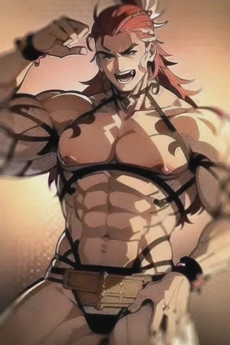 wilnas,  granblue fantasy, (masterpiece:2), (best quality:2), (high quality:2), (solo:1.27), (muscular male:1.27), (bara:1.27), satisfaction, happy, pleasure, (dynamic angle:1.21),(dynamic hair:1.27),(detailed pupils:1.21),looking at viewer, (dynamic pose:...