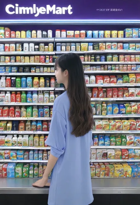 1girl, midnight convenience store, family mart, neon night page,vibrant city lights, dimly lit shelves full of snacks and drinks...