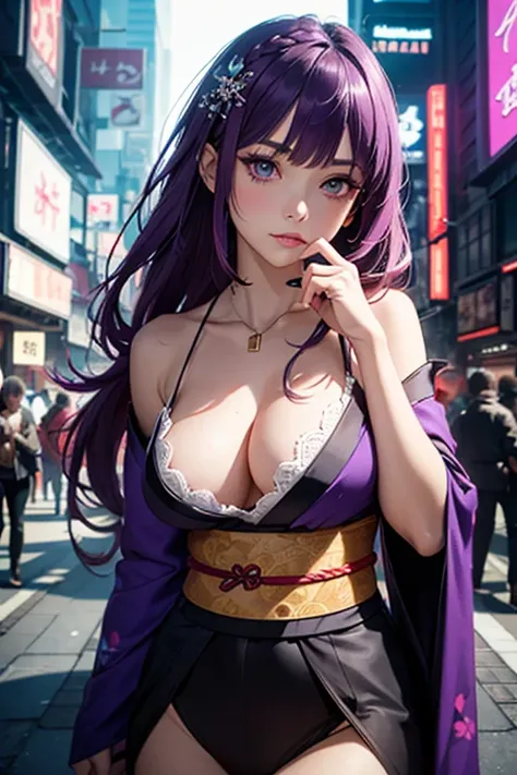 1 girl, dull bangs, Braid, wide sleeve, hair ornaments, kimono, red obi, (purple hair:1.2), very long hair, straight hair, looking at the viewer, highly detailed background, (photo-realistic:1.2), fine eyes, red eyeshadow, Depth of the bounds written，thigh...