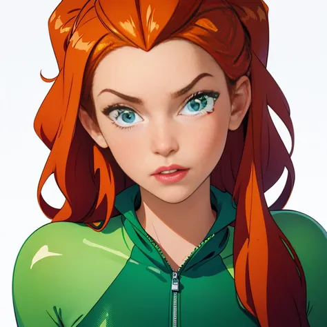 (masterpiece, best quality), face portrait of sam \(totally spies\), orange hair, long hair, green eyes, green body suit, lookin...