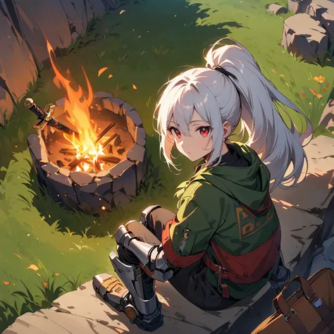 cliff, sitting on cliffside, white hair, Red eyes, ponytail, holding one&#39;s legs, Grass, from above, looking at the audience, Jacket, Boot pants, Bag, Sword on the hilt, campfire, Mechanical legs, Mechanical arm, Mechanical feet