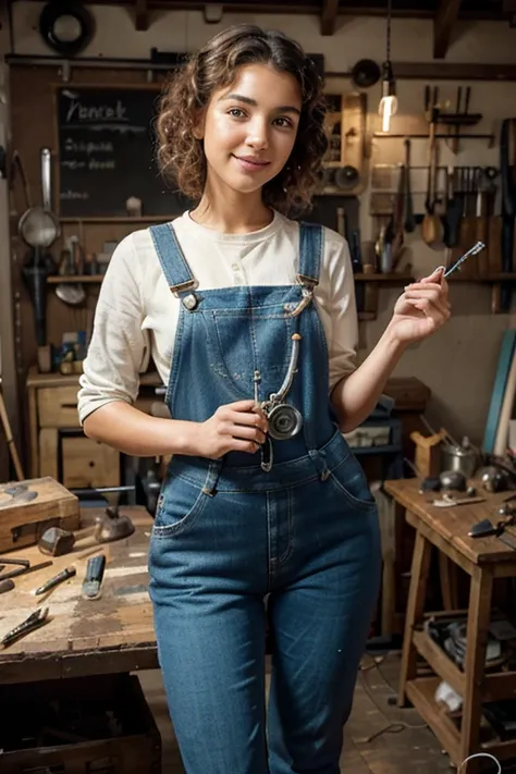 A girl in a workshop,artistic tools,meticulously detailed face,expressive eyes,precise lines on the nose,beautifully defined lips,curly hair,playful smile,creative genius,working on a mechanical invention,vintage machinery,sparkling wrench,glowing solderin...