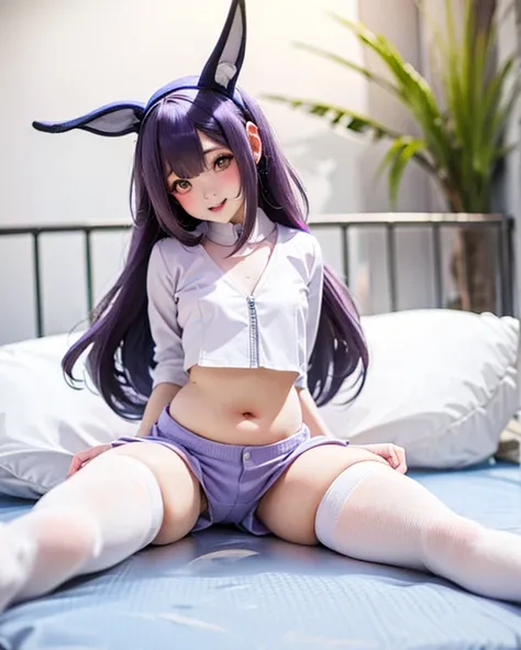 masterpiece, best quality, high quality, High resolution, 1 girl, alone, thigh，plump figure，knee socks，long purple hair, white jacket, shorts, crop top, Show belly, city road, sexy pose, blush, Shy, Smile, V-neck shirt, very shorts, spread legs, in the roo...