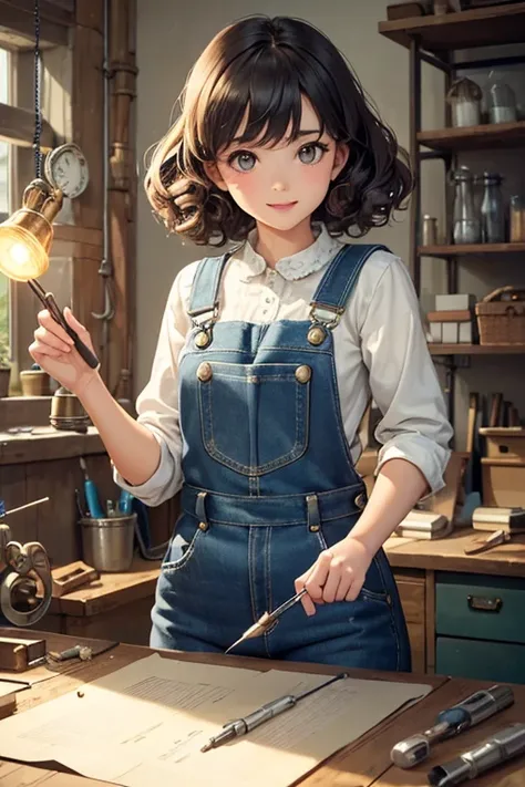 A girl in a workshop,artistic tools,meticulously detailed face,expressive eyes,precise lines on the nose,beautifully defined lips,curly hair,playful smile,creative genius,working on a mechanical invention,vintage machinery,sparkling wrench,glowing solderin...